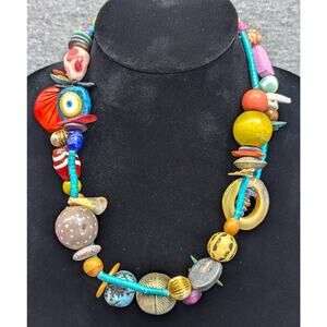 Bohemian Tribal Bead Necklace, Double Strand, Wood/Shell/Metal/Clay, Evil Eye